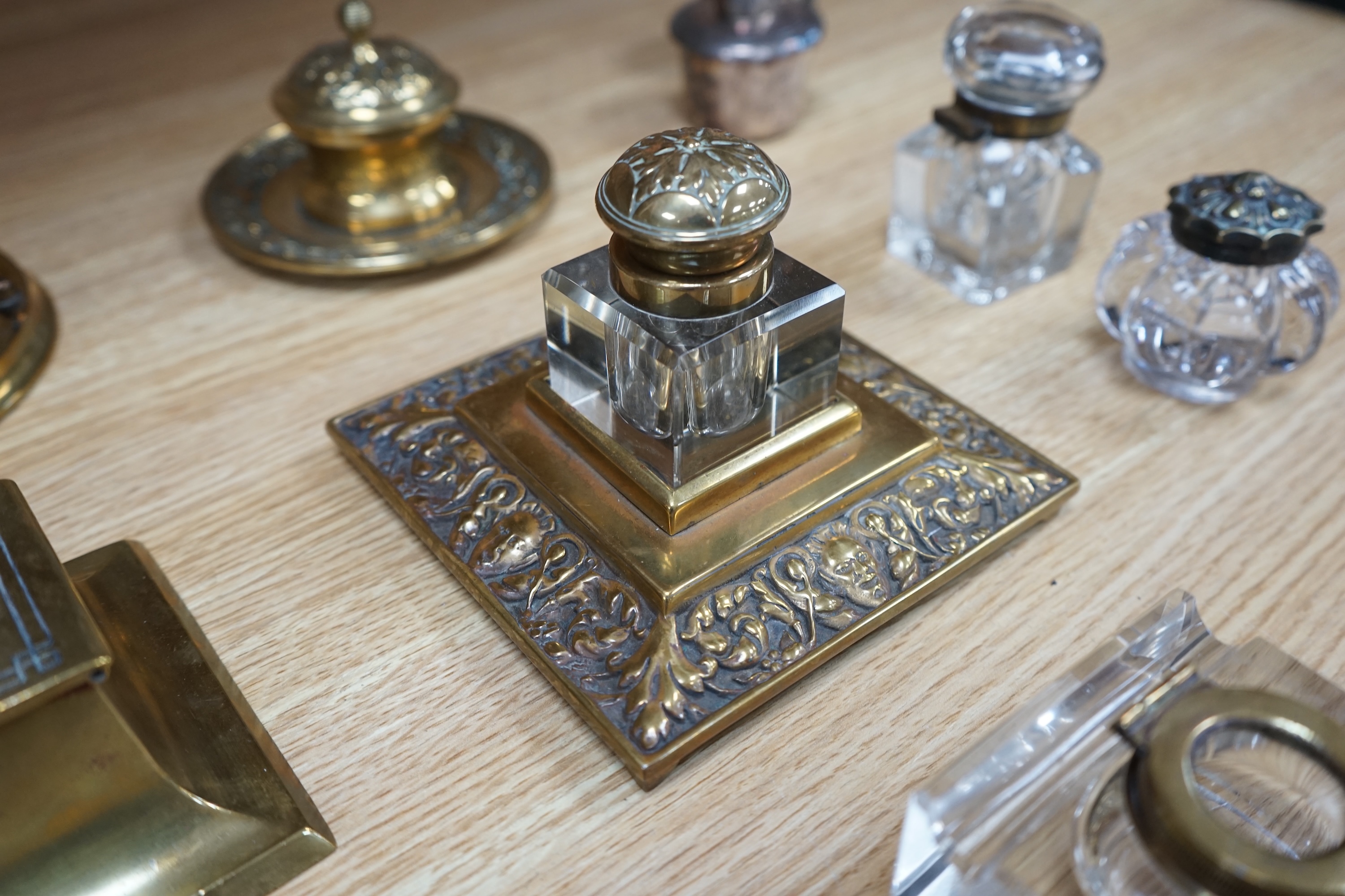 Eleven various 19th century and later inkwells, mostly brass. Condition varies